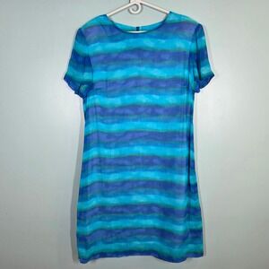 RJ Collection Chelsea Rousso Vintage Blue Green Watercolor Stripe Rayon Dress 14